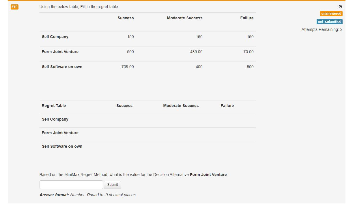 #19 Using the below table, Fill in the regret table unanswered