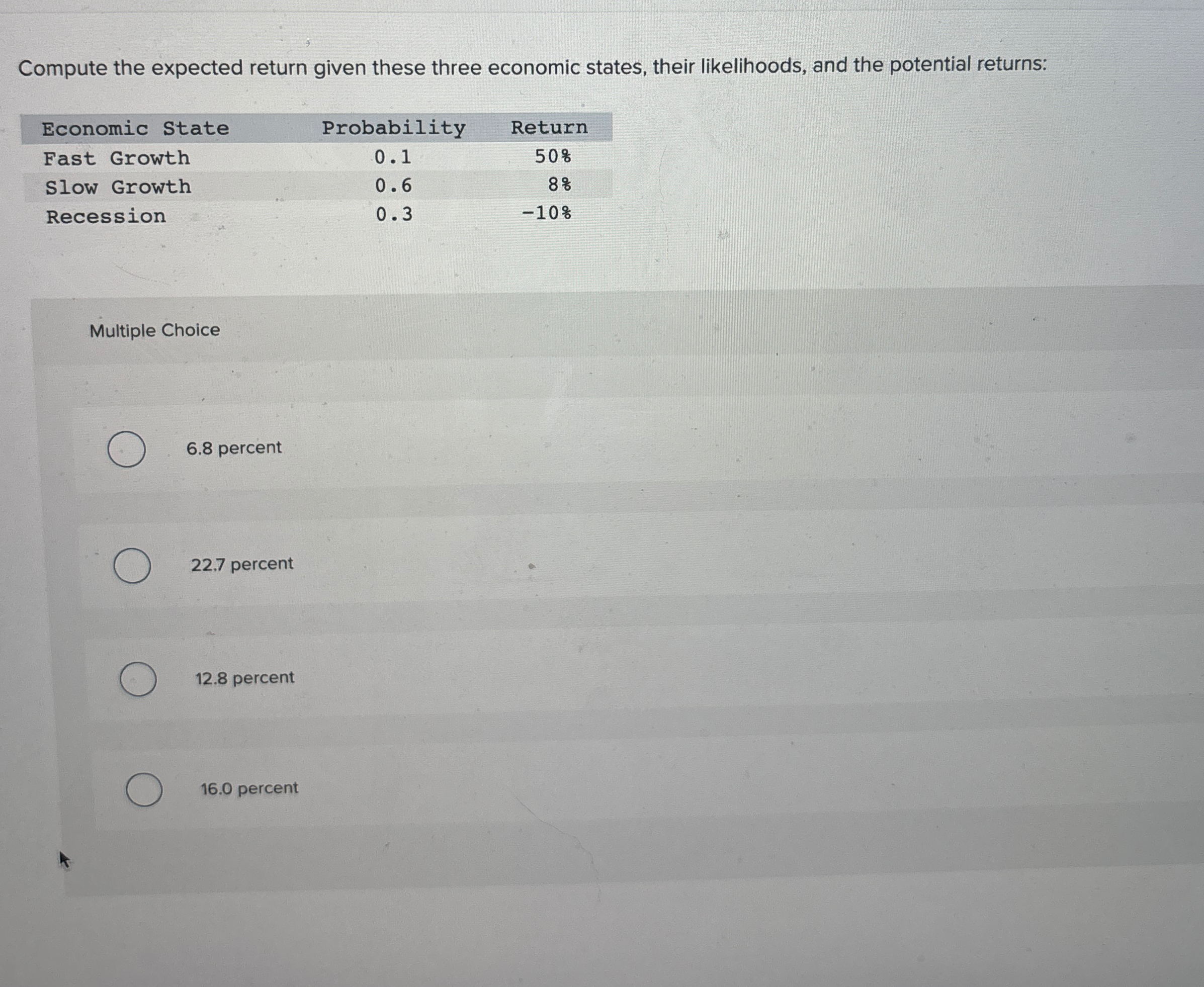  Compute the expected return given these three economic states, their likelihoods,