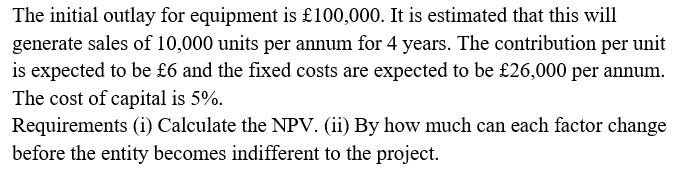  SOLVE THIS QUESTION USING SENSITIVITY ANALYSIS The initial outlay for equipment