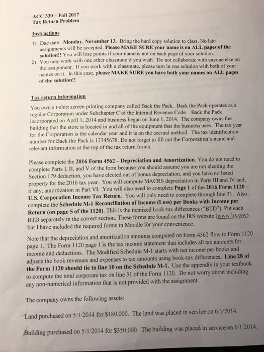  CC 330- Fall 2017 Tax Return Problem 1) Due date: Monday,