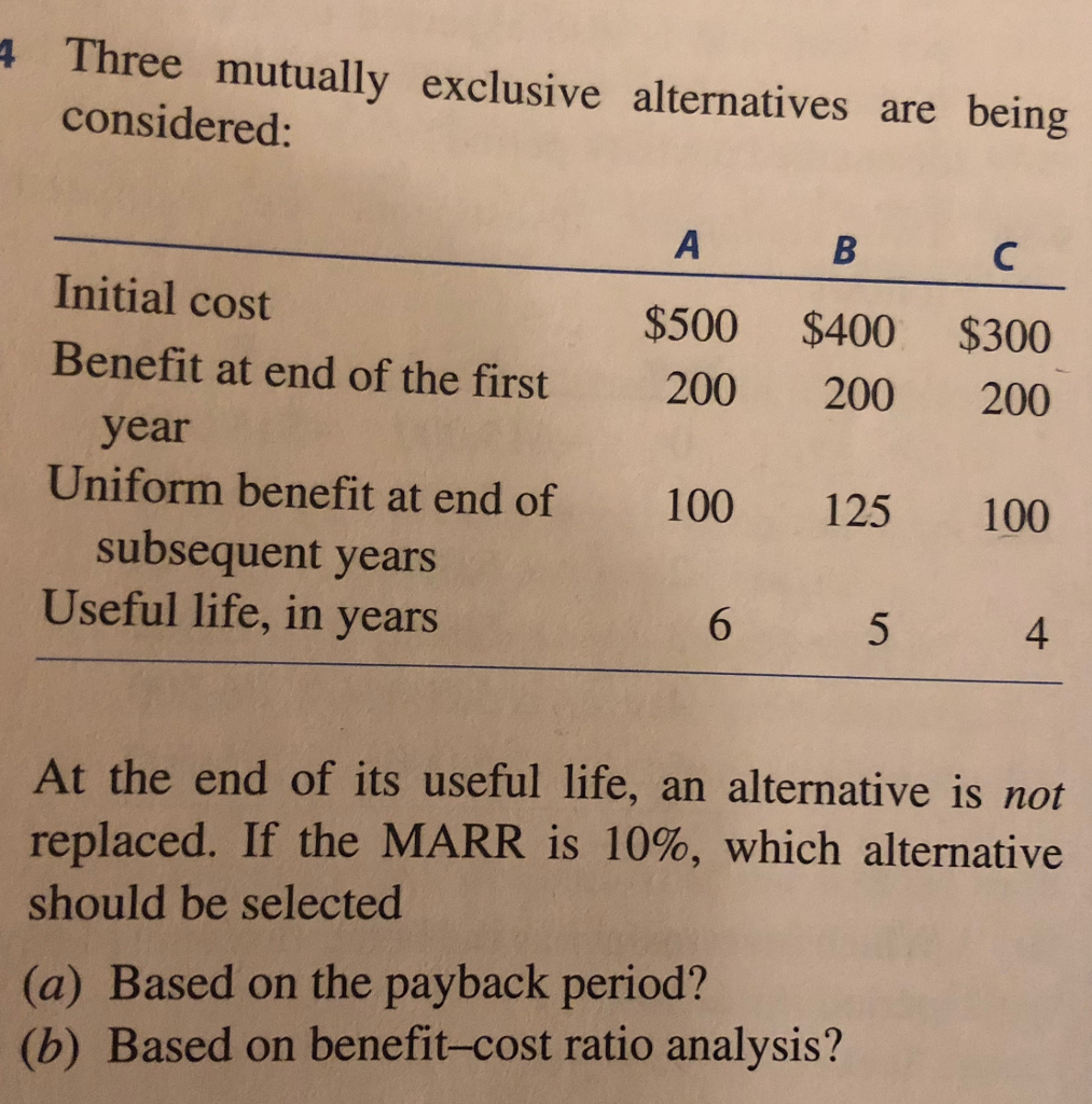  Three mutually exclusive alternatives are being considered: Initial cost Benefit at