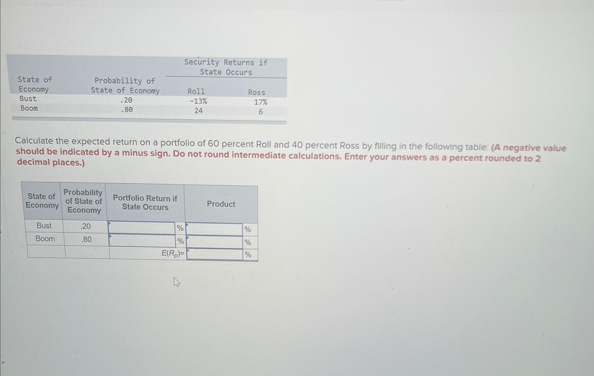 \table[[,,Security Returns if,],[,,State Occurs,],[State of,Probability of,,],[Economy,State of Economy,Roll,Ross],[Bust,.20,-13%,17% 