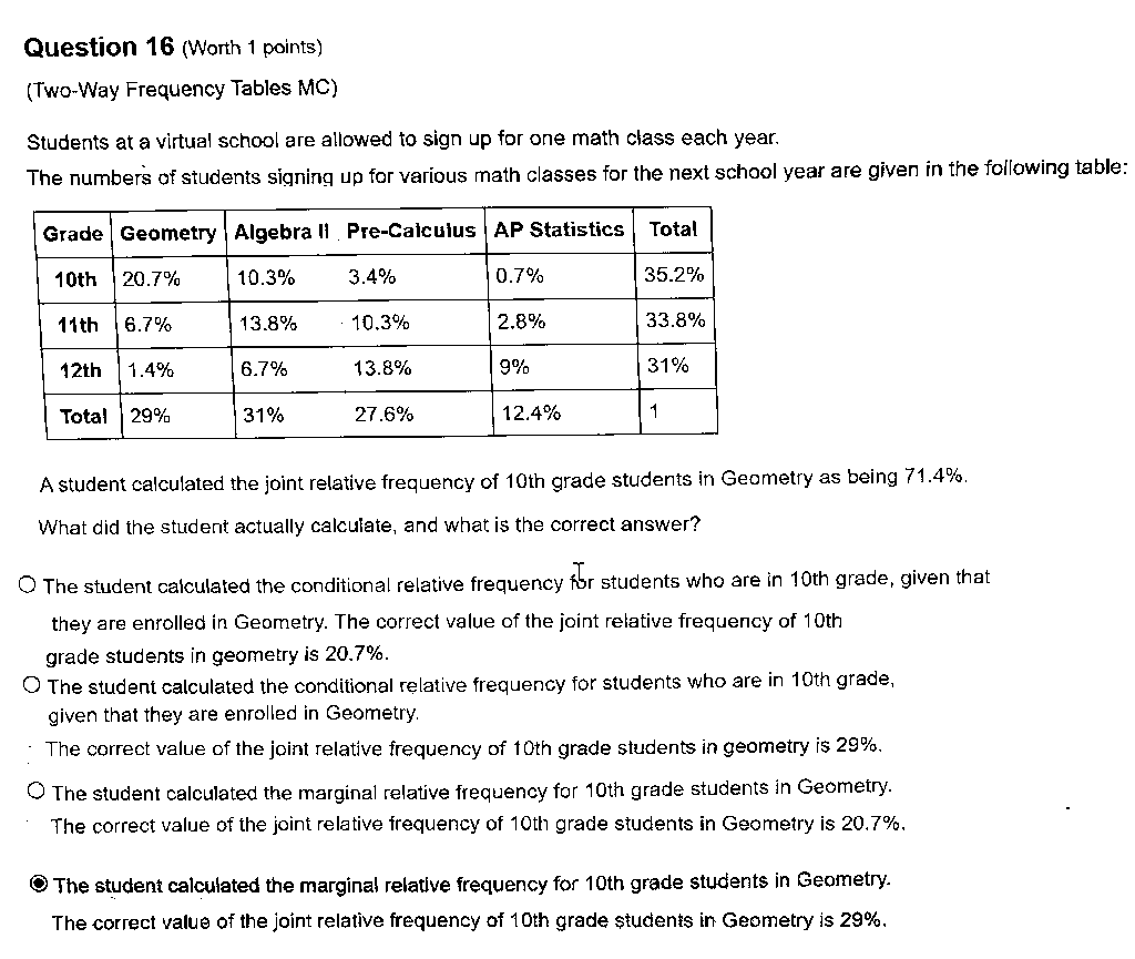  Question 16 (Worth 1 points) (Two-Way Frequency Tables MC) Students at