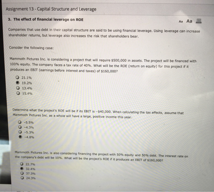  Assignment 13 - Capital Structure and Leverage 3. The effect of