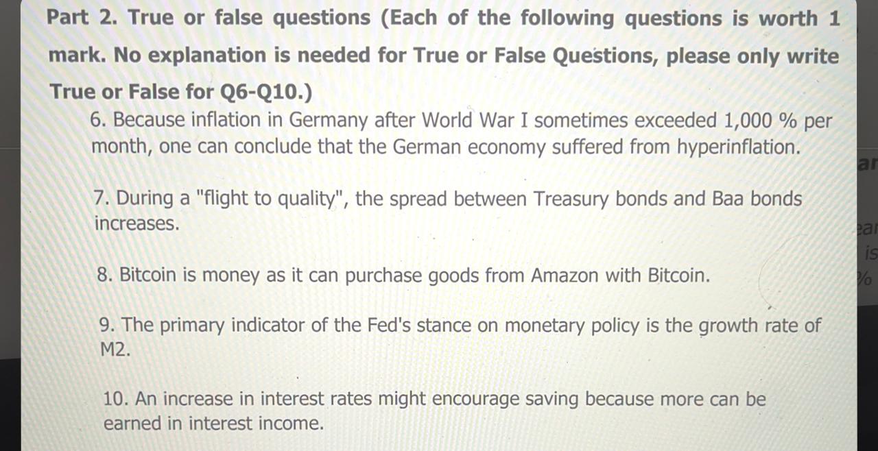 i i will rate pleaase Part 2. True or false questions (Each