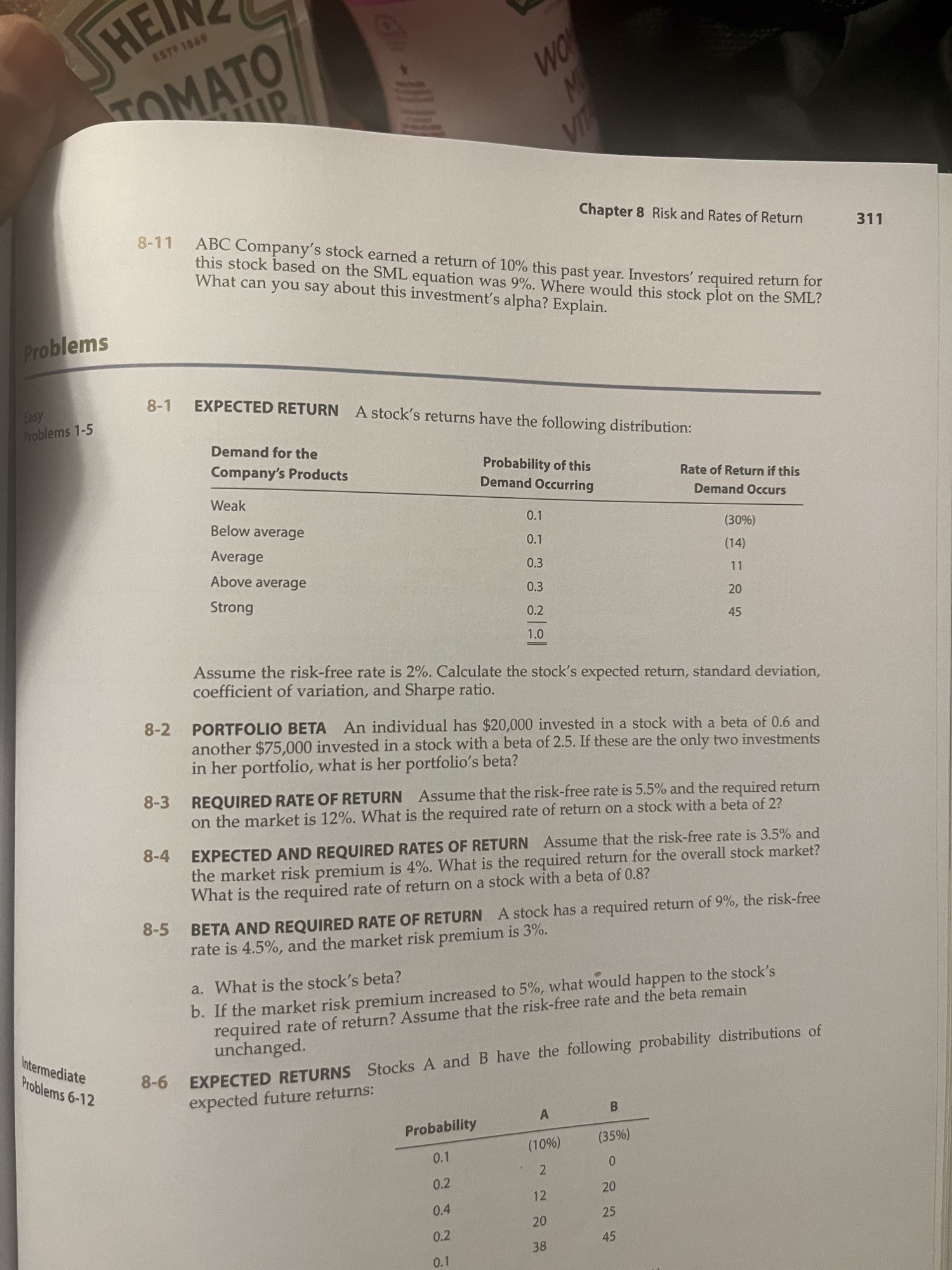  problems (255) Problems 1-5 8-1 EXPECTED RETURN A stock's returns have