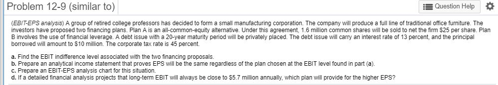  Problem 12-9 (similar to) Question Help * (EBIT-EPS analysis) A group