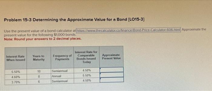 Problem 15-3 Determining the Approximate Value for a Bond Problem 15-3 Determining