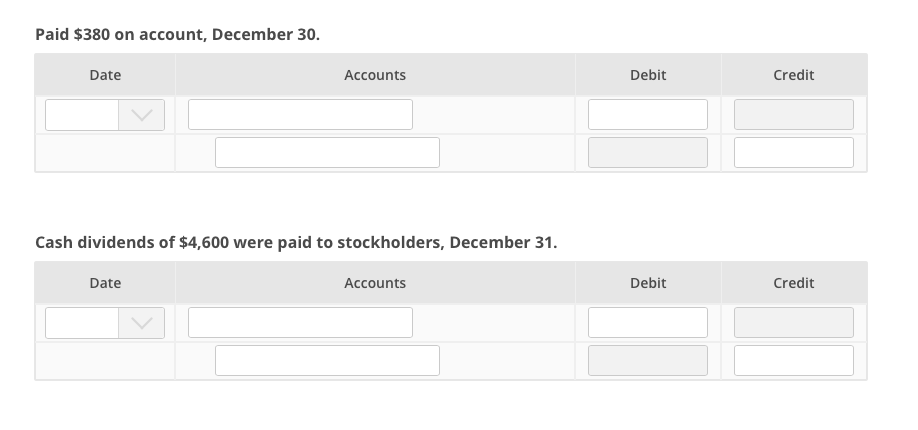 Date Accounts Debit Credit Dec.1 Paid $1,400 cash for a four-month insurance