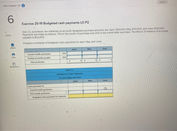 Please Help Saved HW Chapter 20 6 Exercise 20-19 Budgeted cash payments