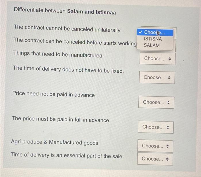  Differentiate between Salam and Istisnaa The contract cannot be canceled unilaterally