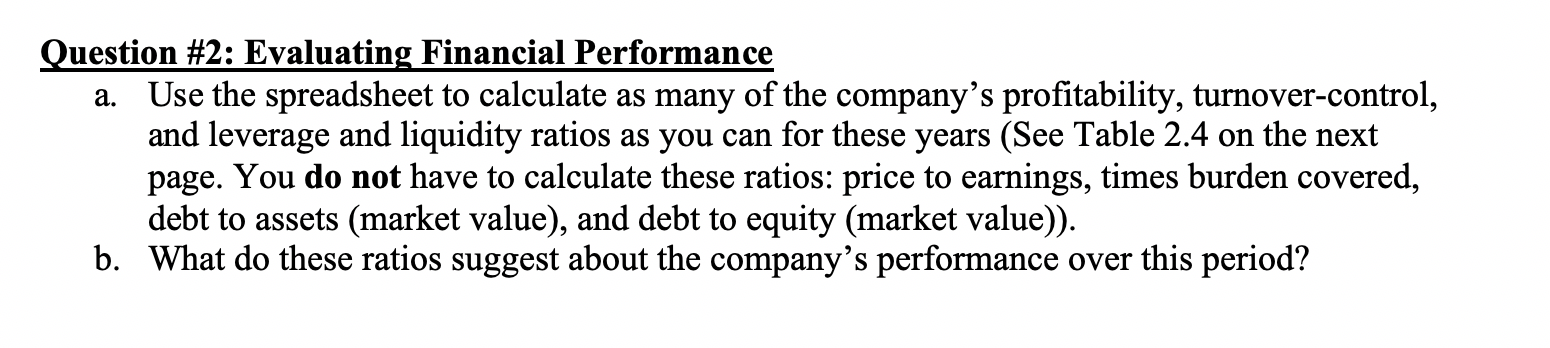  Question #2: Evaluating Financial Performance a. Use the spreadsheet to calculate