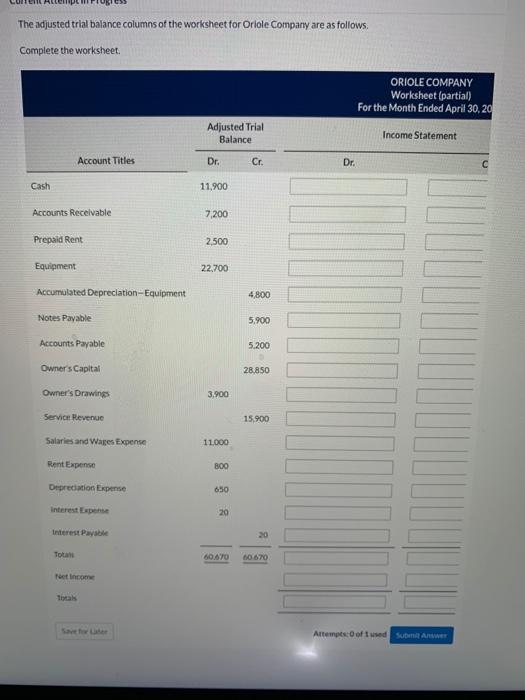please help!! one try at submitting ! The adjusted trial balance columns