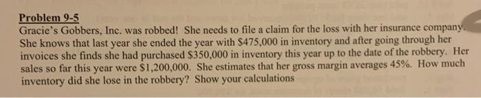  Problem 9-5 Gracie's Gobbers, Inc. was robbed! She needs to file