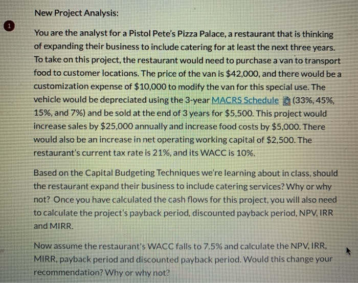  New Project Analysis: You are the analyst for a Pistol Pete's