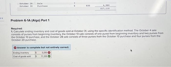 ending inventory and cost of goods sold at October 31. Answer is
