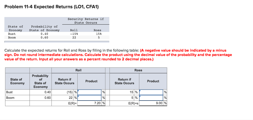  Problem 11-4 Expected Returns (LO1, CFA1) Security Returns if State Occurs