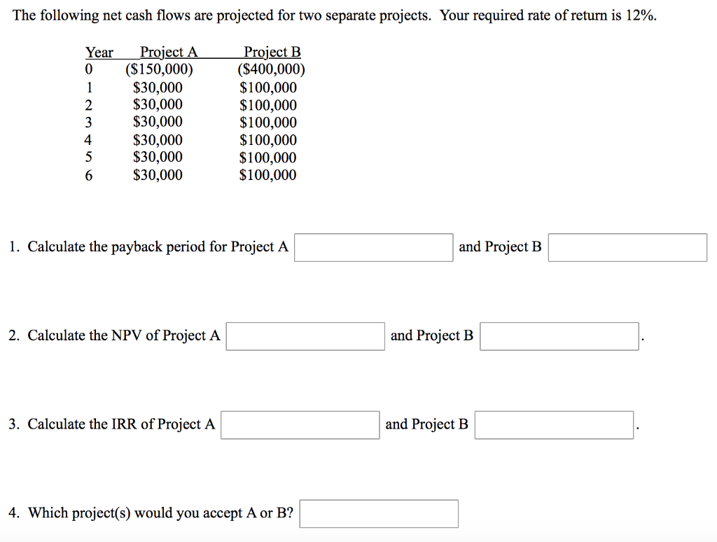 The following net cash flows are projected for two separate projects.
