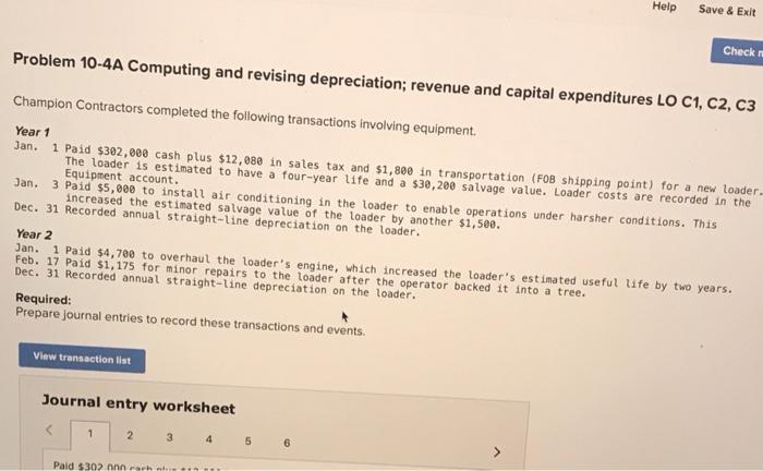  Help Save & Exit Check Problem 10-4A Computing and revising depreciation;
