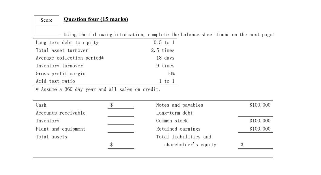 Score Question four (15 marks) Using the following information, complete the