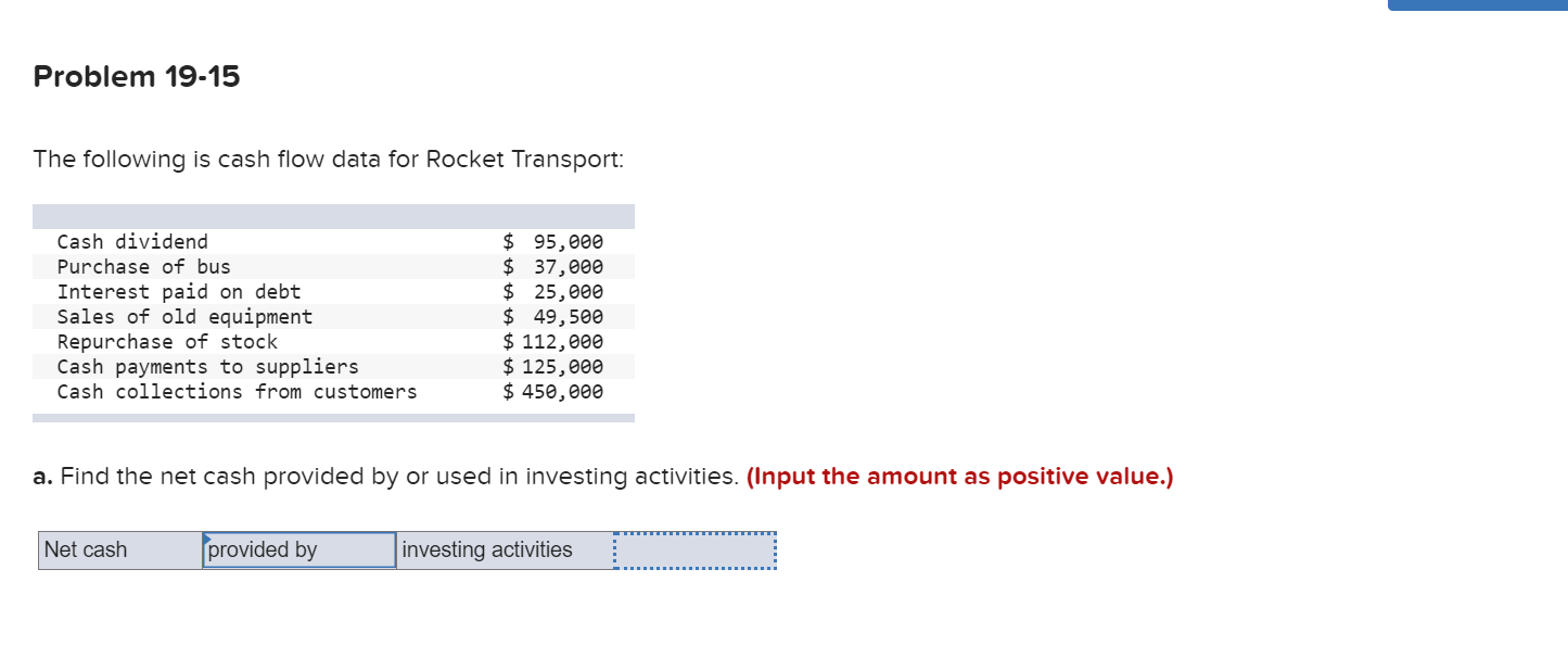  Problem 19-15 The following is cash flow data for Rocket Transport: