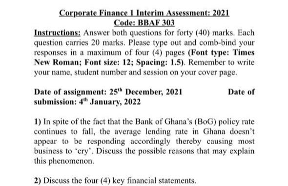  Corporate Finance 1 Interim Assessment: 2021 Code: BBAF 303 Instructions: Answer