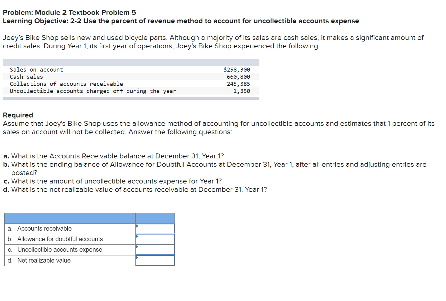  Problem: Module 2 Textbook Problem 5 Learning Objective: 2-2 Use the