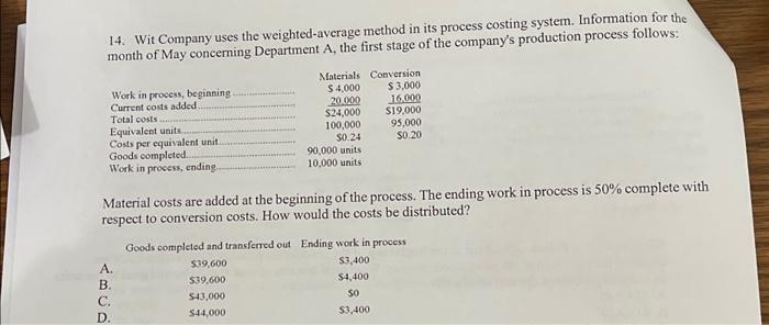  14. Wit Company uses the weighted-average method in its process costing