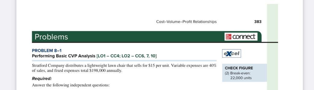  Cost-Volume-Profit Relationships 383 Problems connect PROBLEM 8-1 Performing Basic CVP Analysis