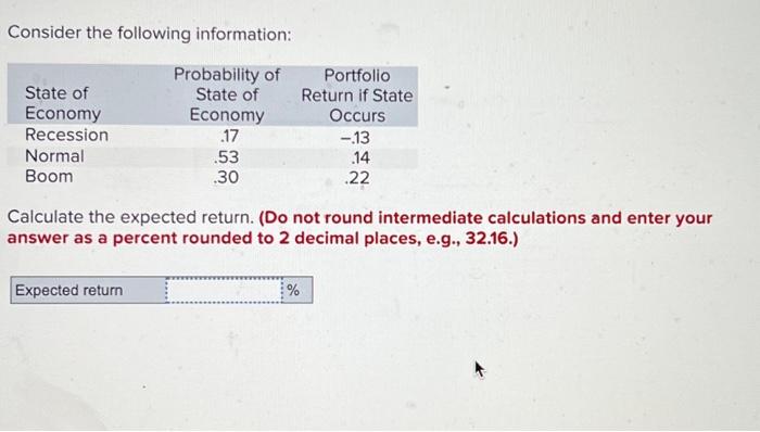  Consider the following information: Calculate the expected return. (Do not round