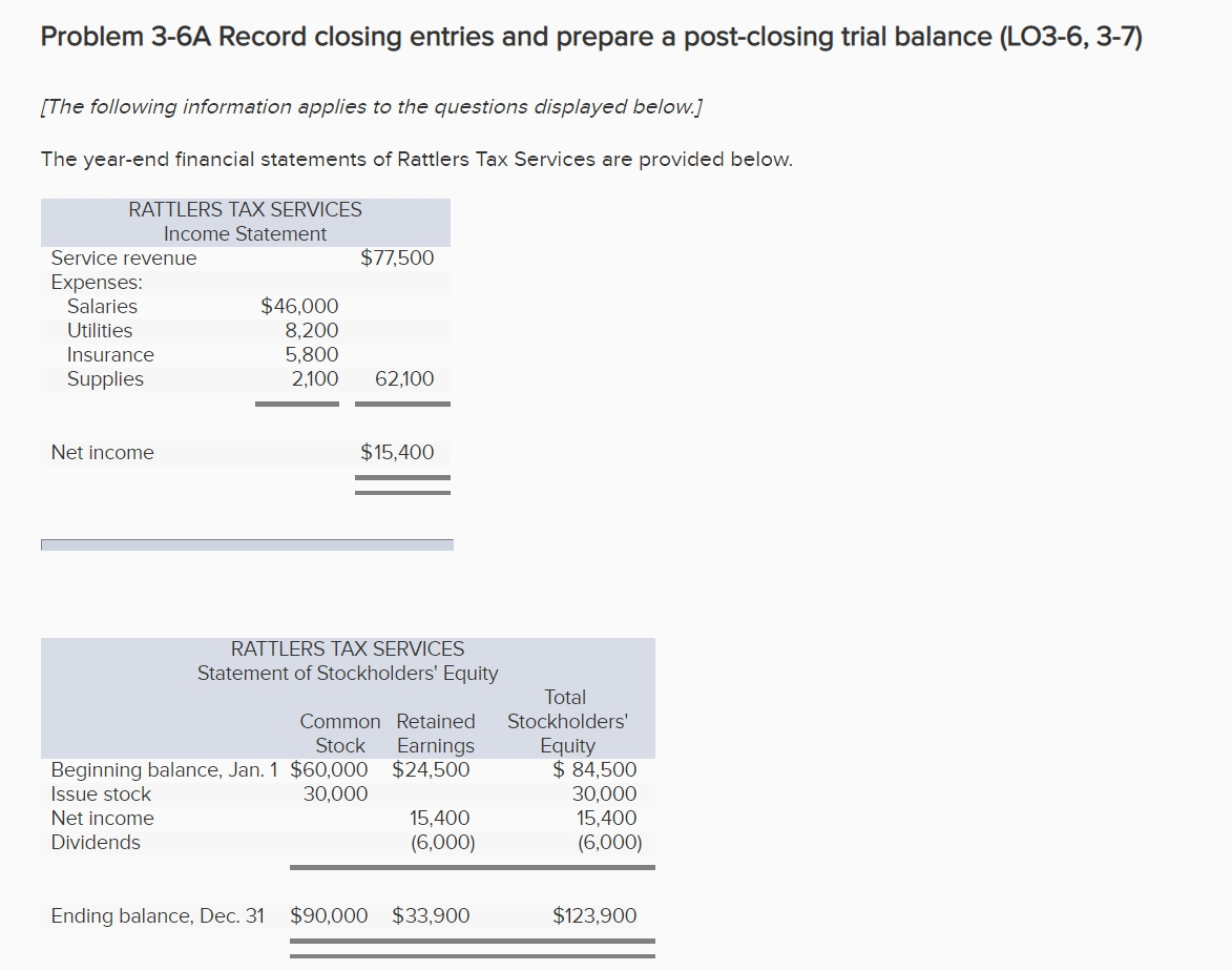 Problem 3-6A Record closing entries and prepare a post-closing trial balance