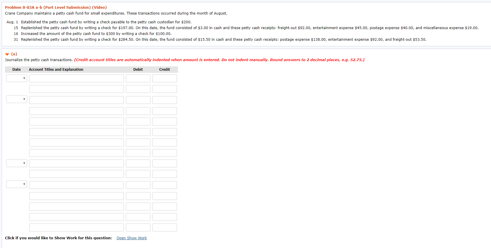 Try to keep the same format please! Problem 8-03A a-b (Part Level