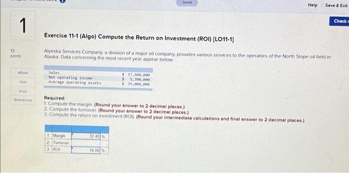 what is the turnover? Help Save & Exit Checkr 1 Exercise 11-1