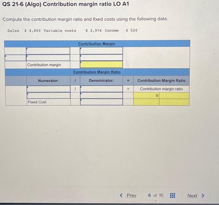  QS 21-6 (Algo) Contribution margin ratio LO A1 Compute the contribution