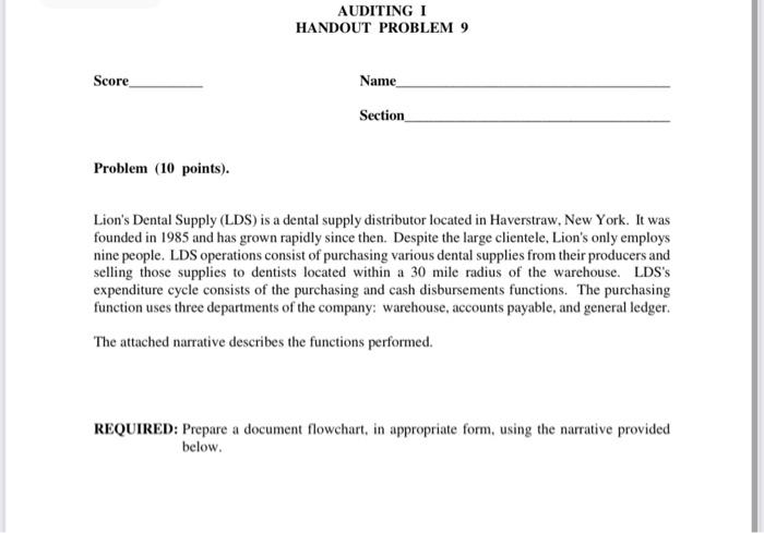  AUDITING I HANDOUT PROBLEM 9 Score Name Section Problem (10 points).