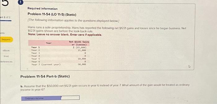  Required information Problem 11.54 (LO 11-5) (Static) [The following information applies