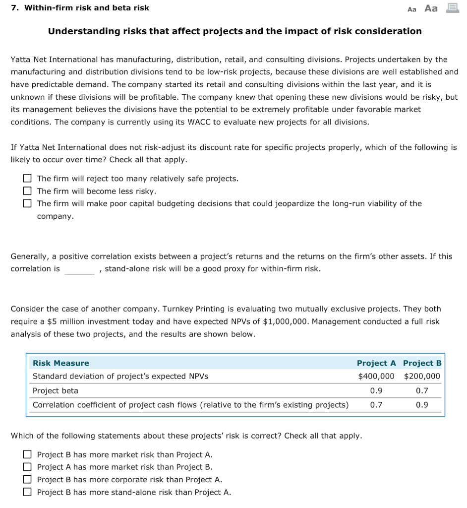 7. Within-firm risk and beta risk Aa Aa Understanding risks that