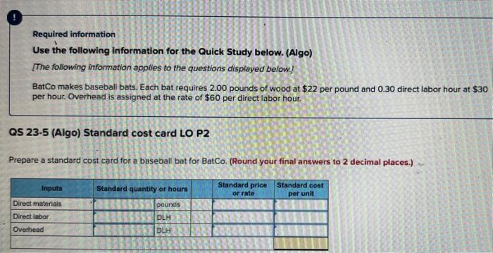  Required information Use the following information for the Quick Study below.