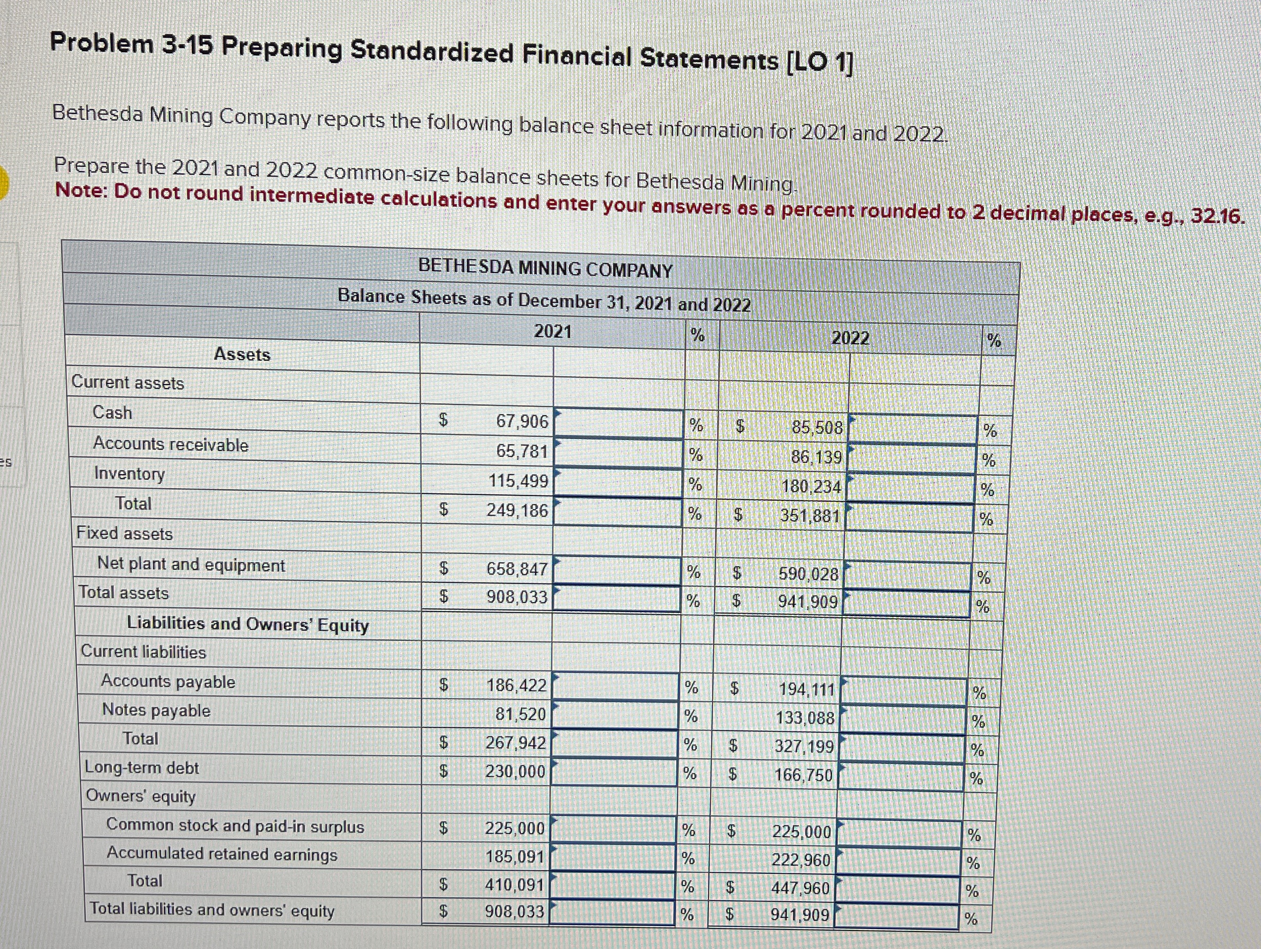  Problem 3-15 Preparing Standardized Financial Statements [LO 1] Bethesda Mining Company