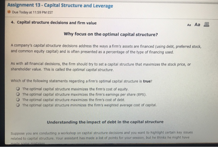  Assignment 13-Capital Structure and Leverage Due Today at 11:59 PM EST