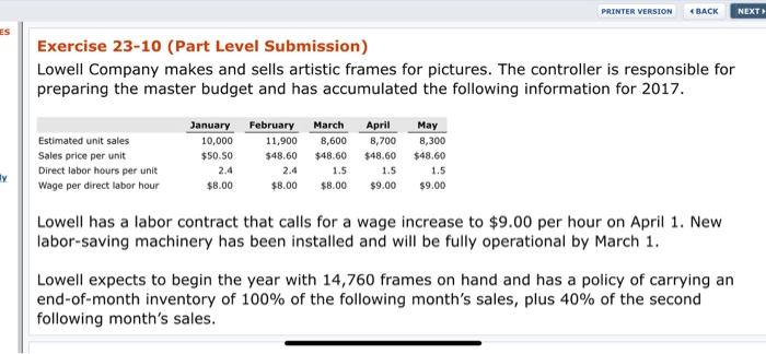  PRINTER VERSION BACK NEXT ES Exercise 23-10 (Part Level Submission) Lowell