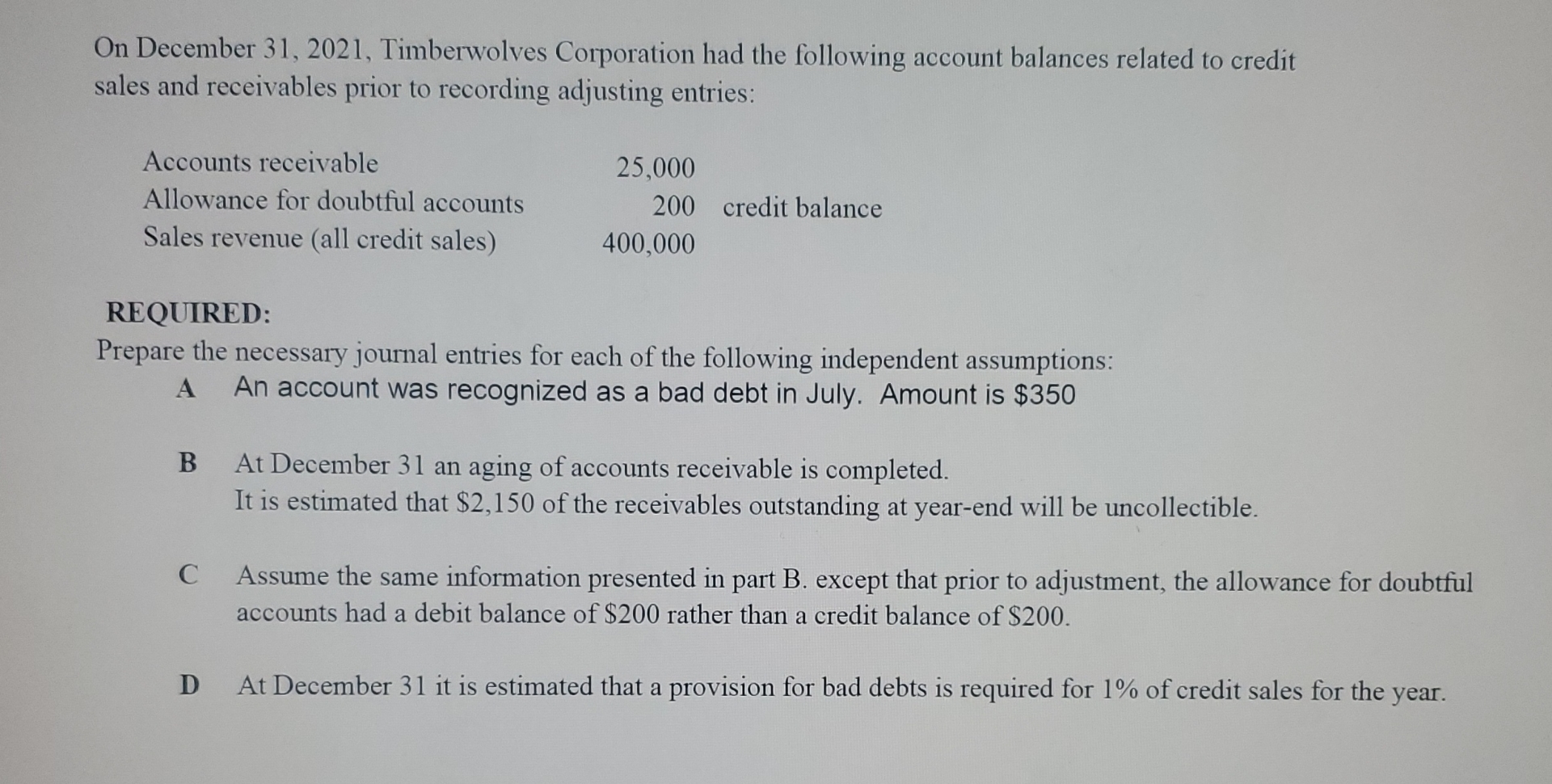  On December 31,2021, Timberwolves Corporation had the following account balances related