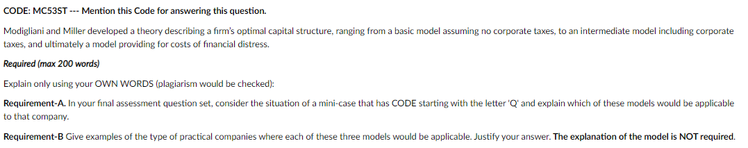 CODE: MC53ST --- Mention this Code for answering this question. Modigliani