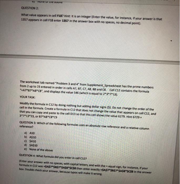 CONCUF UTE UUve QUESTION 2: What value appears in cell F18?
