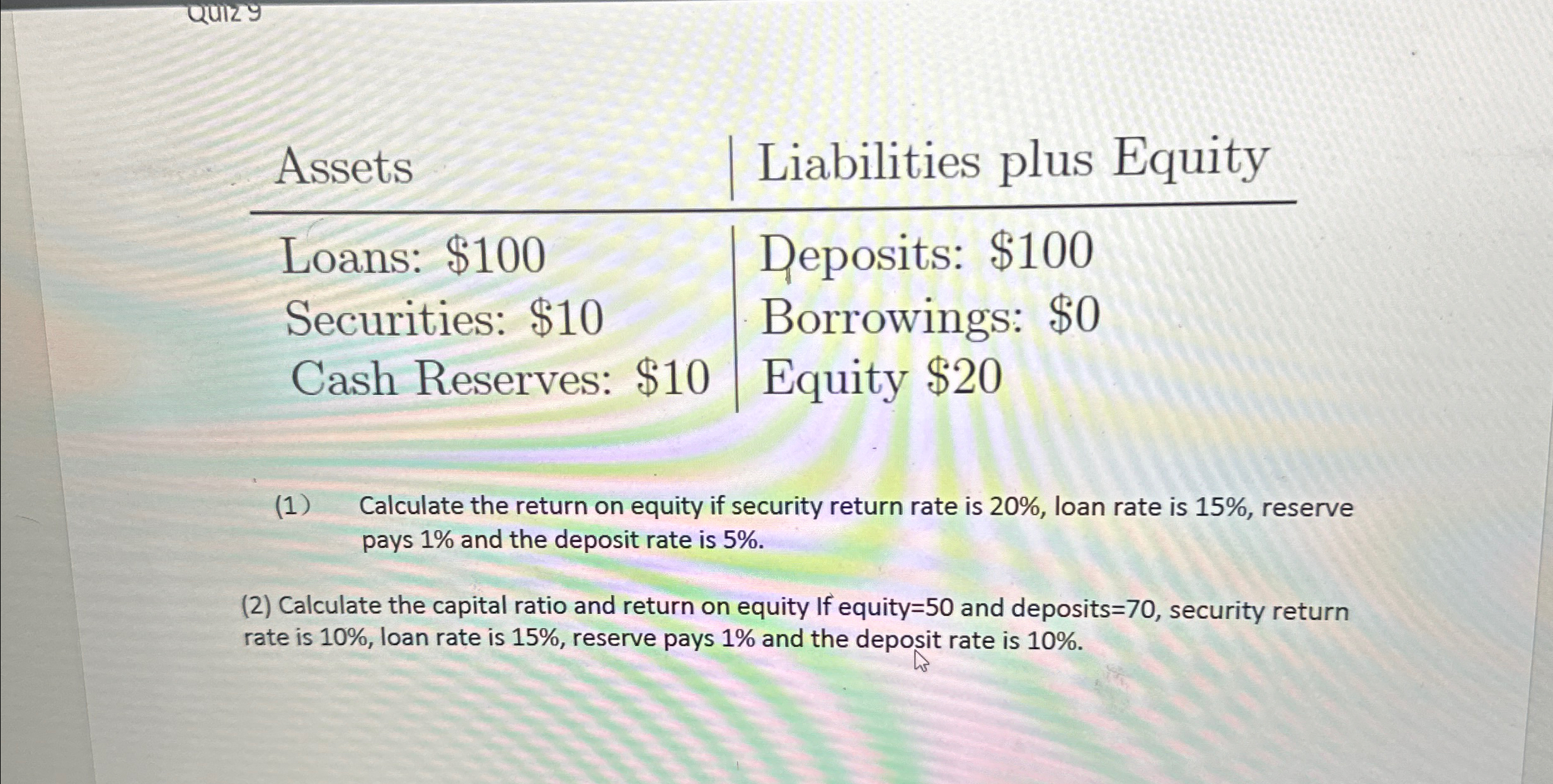  \table[[Assets,Liabilities plus Equity],[Loans: $100,Deposits: $100 
