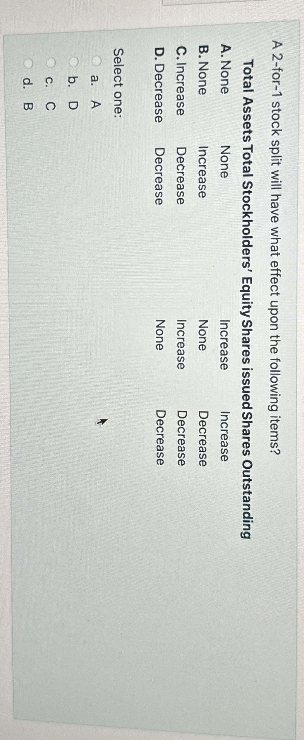  A 2-for-1 stock split will have what effect upon the following