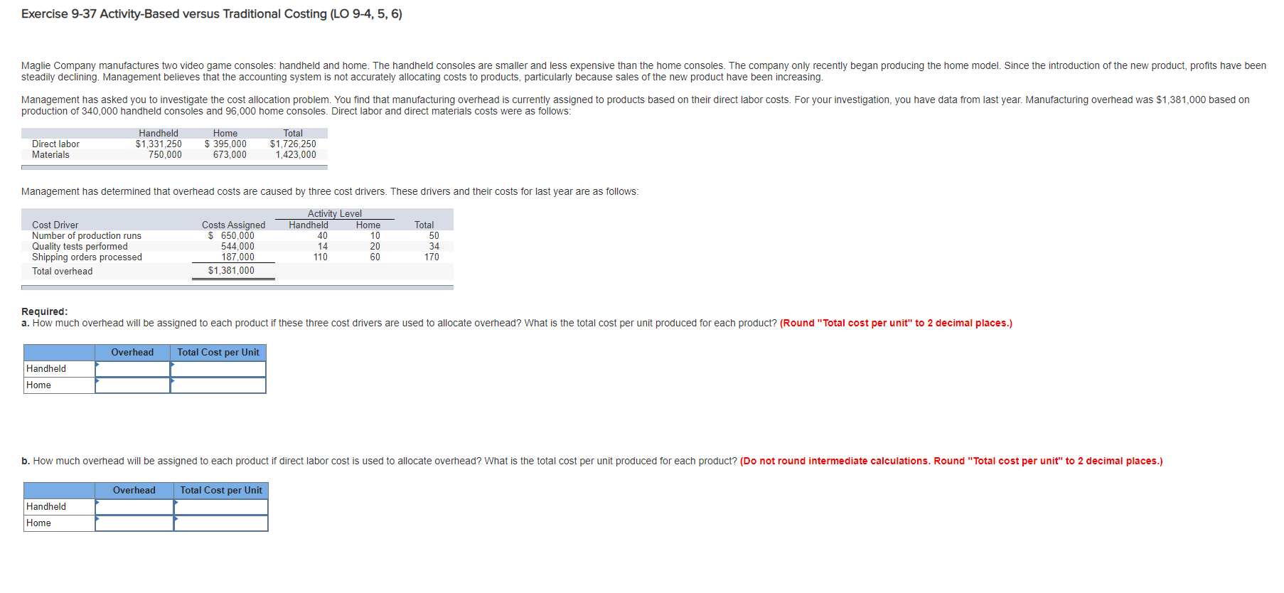 Exercise 9-37 Activity-Based versus Traditional Costing (LO 9-4, 5, 6) Maglie