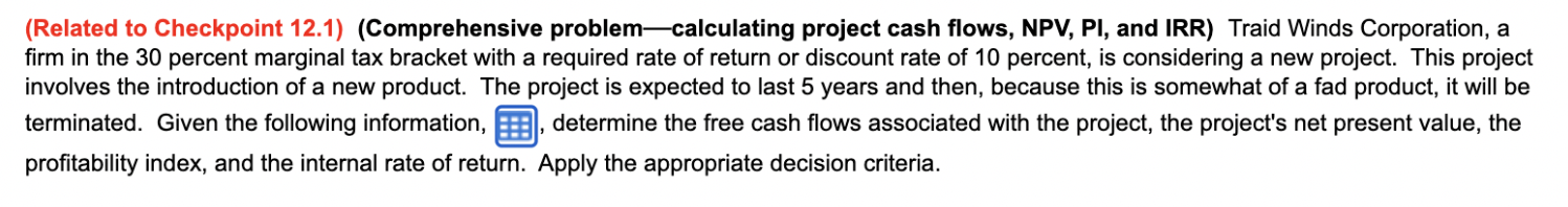  (Related to Checkpoint 12.1) (Comprehensive problem-calculating project cash flows, NPV, PI,