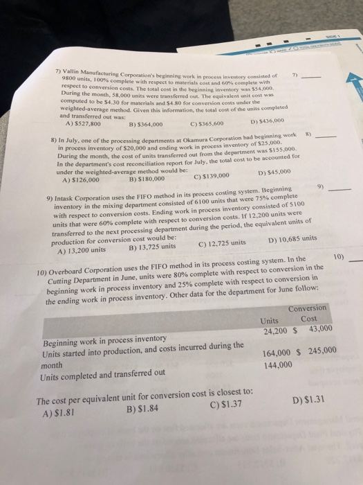  7) Vallin Manufacturing Corporation's beginning work in process inventory cond on