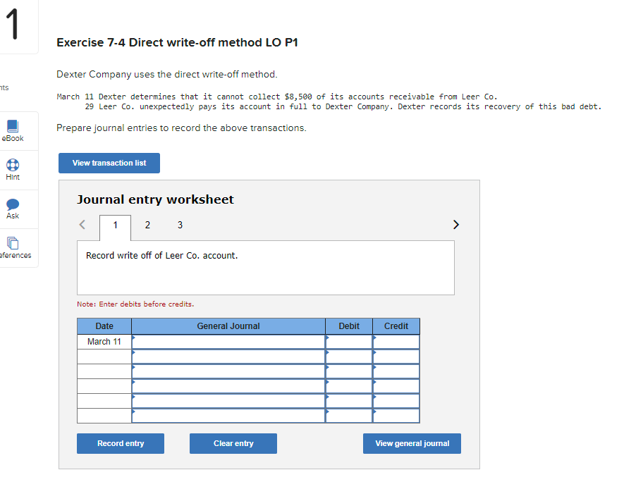  1 Exercise 7-4 Direct write-off method LO P1 nts Dexter Company